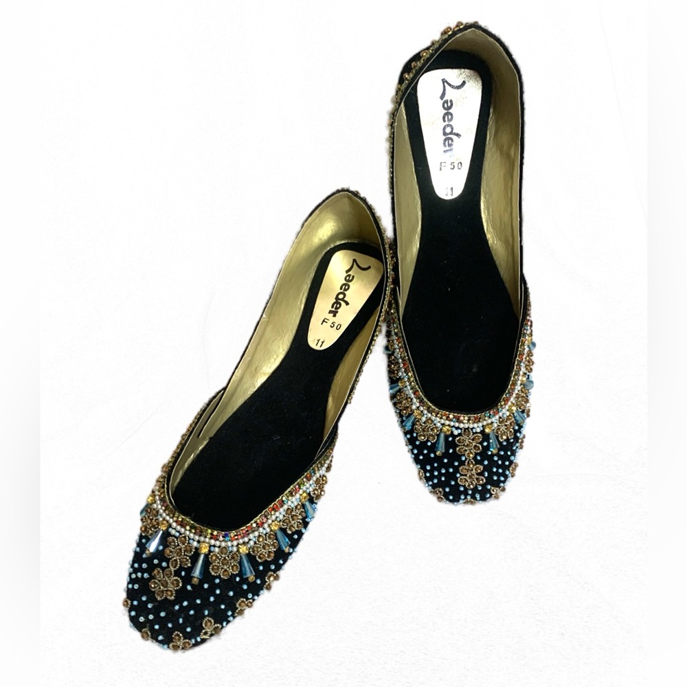 New Laeder Handmade Hand Sewn Beaded Velvet Jutti Flats Sz 11